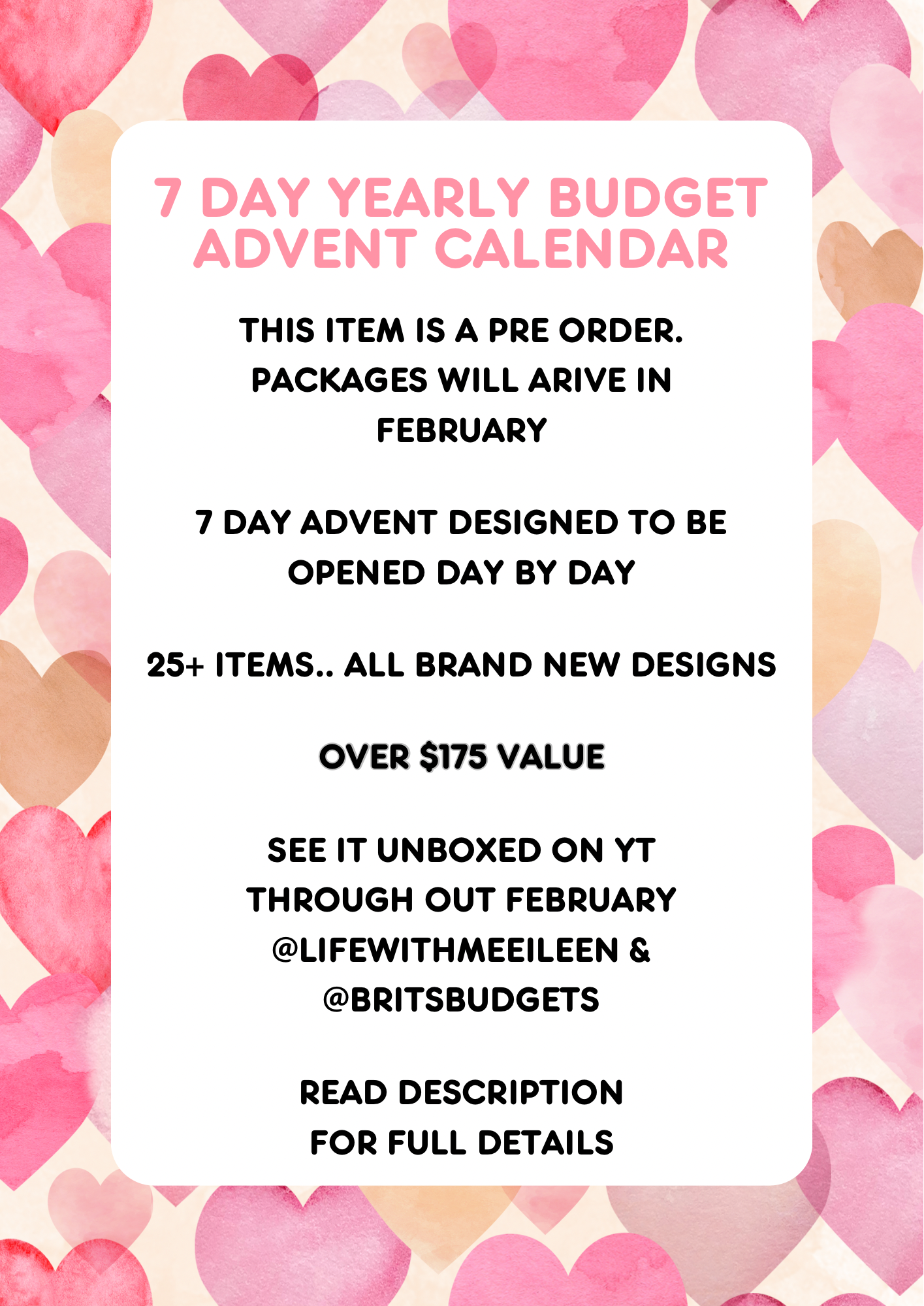 Valentines Budget Advent Calendar | READ description | PREORDER | 7 DAY