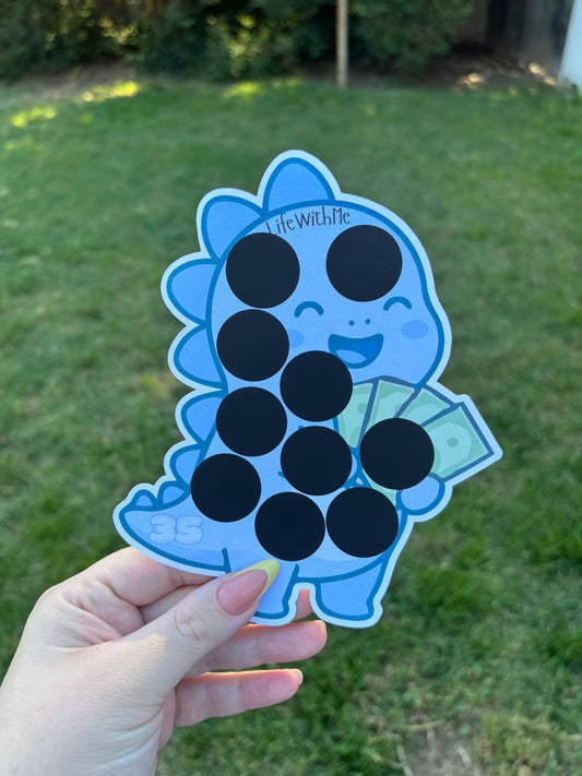 Blue Dino scratch off savings challenge | A5 | savings challenge