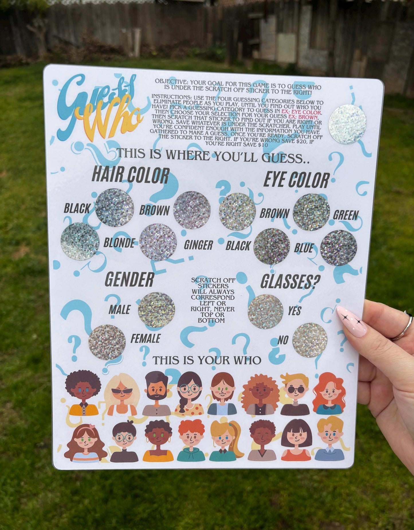 Guess Who scratch off savings challenge | Full page | Laminated | Savings game